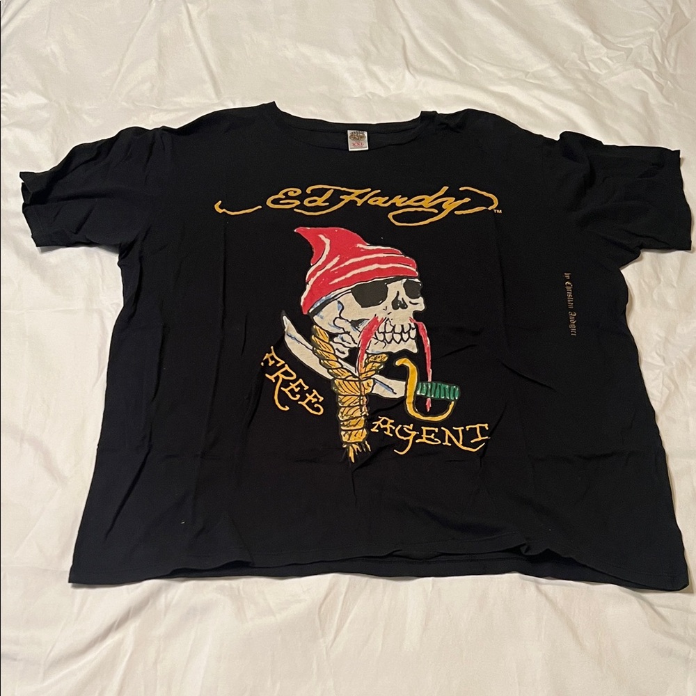 Ed Hardy Black Tee with Skull and Red Accents